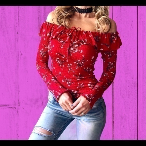 Women's Floral Print Off Shoulder Ruffle Detail Smocked Long Sleeve Crop Top Red - Picture 1 of 10